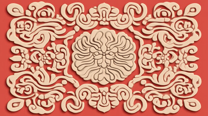Intricate decorative pattern in delicate cream color on a warm red background