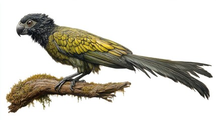 Fototapeta premium Yellow-and-Black Parrot on Mossy Branch