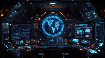 Futuristic spaceship cockpit with holographic world map and multiple displays.