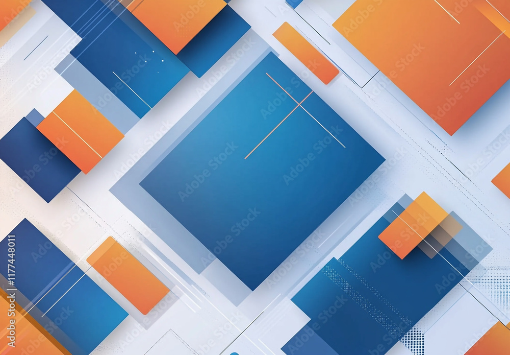 Poster an abstract composition of overlapping blue and orange squares and rectangles, creating a layered, g