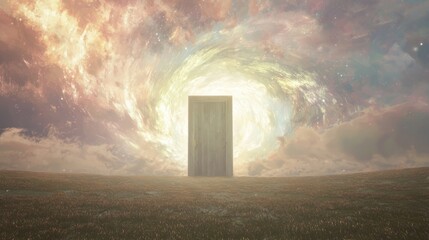 Portal to a Lucid Dream - Surreal Concept Art of Occupant Stepping Through Old Wooden Door into Dream World filled with Bright Images