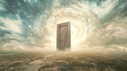 Fototapeta premium Enigmatic Entrance: Lucid Dream Artistry of Old Wooden Door Surrounded by Vibrant Imagery
