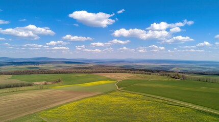 Aerial View of Rolling Green Fields Under Blue Sky with Fluffy White Clouds