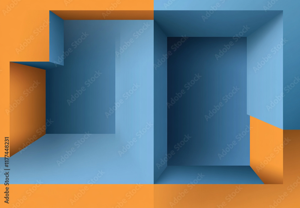 Poster an abstract composition of overlapping blue and orange squares and rectangles, creating a layered, g
