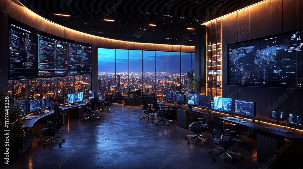 Poster futuristic, modern, high-tech control room with panoramic city view. large monitors displaying data 