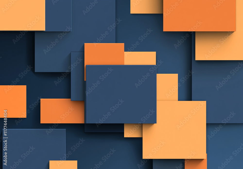 Poster an abstract composition of overlapping blue and orange squares and rectangles, creating a layered, g