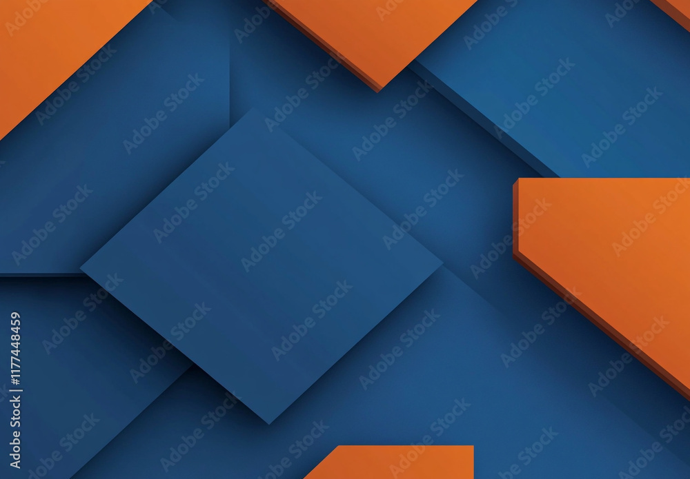 Poster an abstract composition of overlapping blue and orange squares and rectangles, creating a layered, g