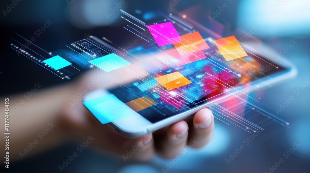 Poster businessman is holding a smartphone with a futuristic hologram interface displaying manufacturing da