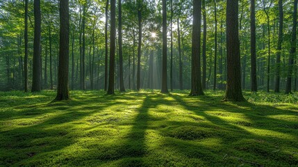 Obraz premium Sunbeams illuminate mossy forest floor at sunrise