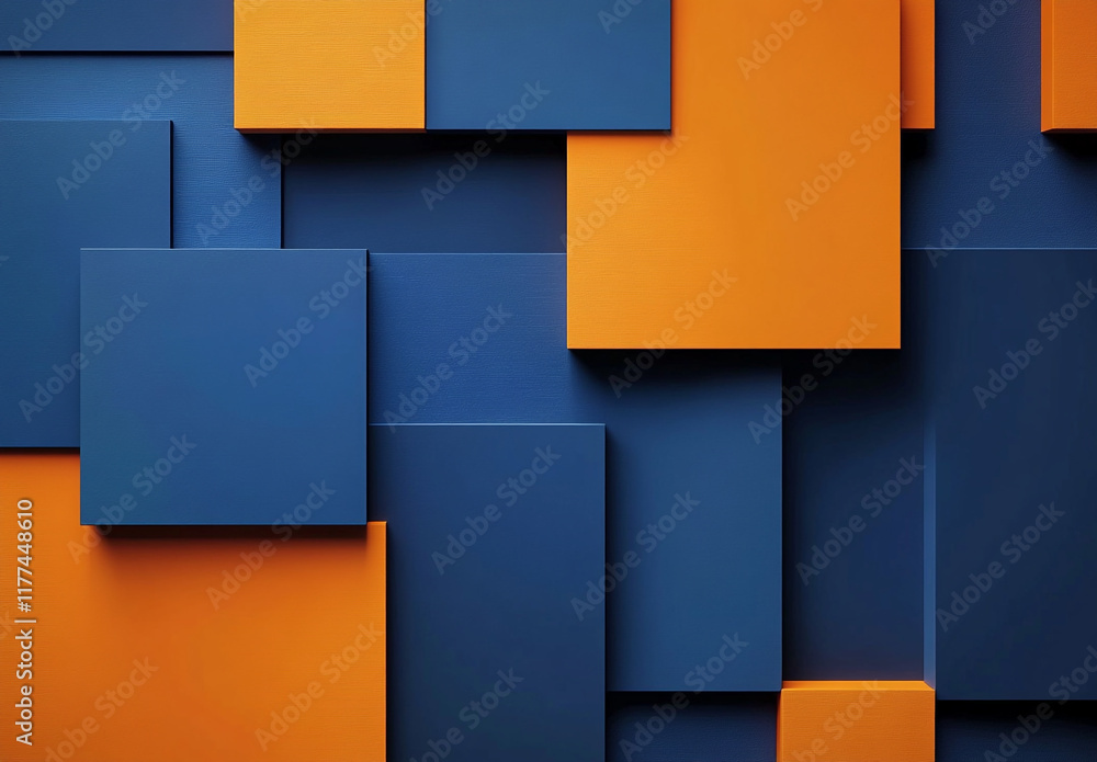 Poster an abstract composition of overlapping blue and orange squares and rectangles, creating a layered, g