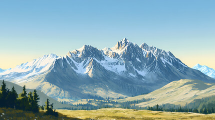 Fototapeta premium Mountain range mountain range with snowy peaks, clear sky, wideangle shot. Foothill. Illustration