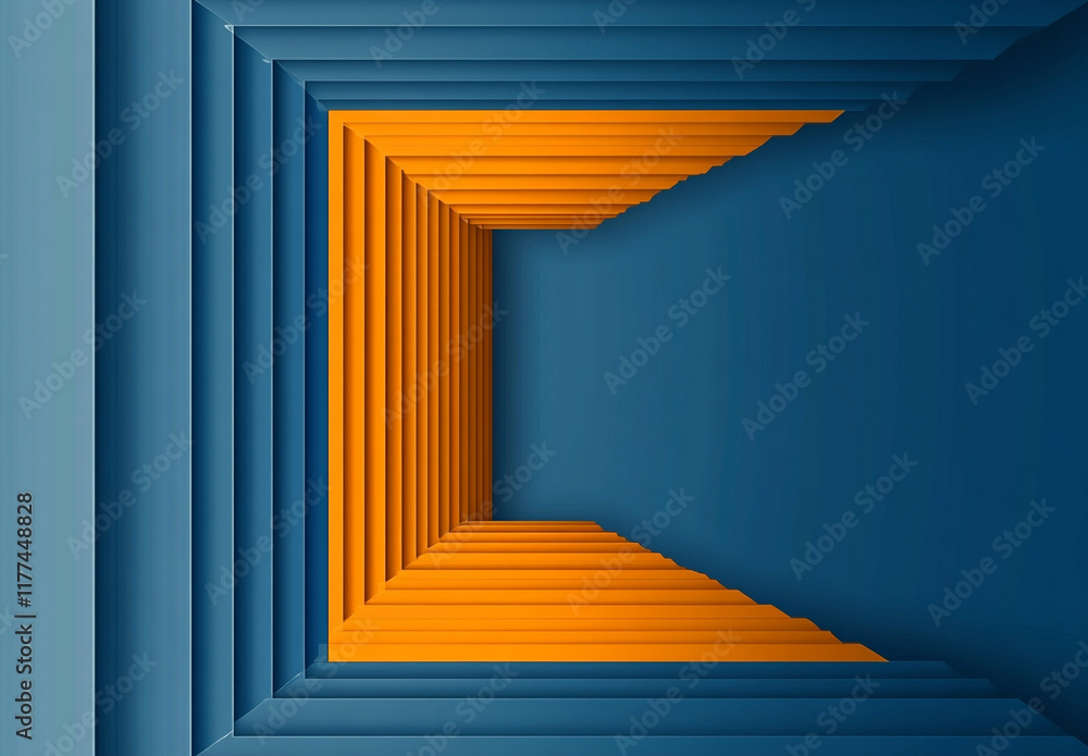 Poster an abstract composition of overlapping blue and orange squares and rectangles, creating a layered, g