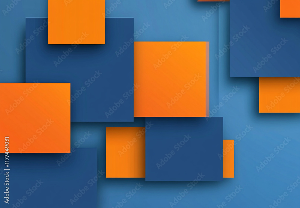 Poster an abstract composition of overlapping blue and orange squares and rectangles, creating a layered, g
