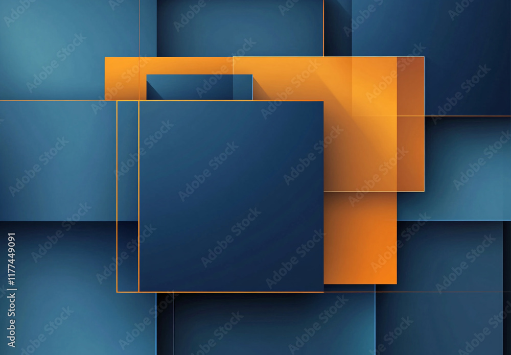 Poster an abstract composition of overlapping blue and orange squares and rectangles, creating a layered, g