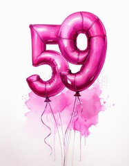 Fototapeta premium Pink birthday / anniversary balloon, number 59, watercolor painting with white background