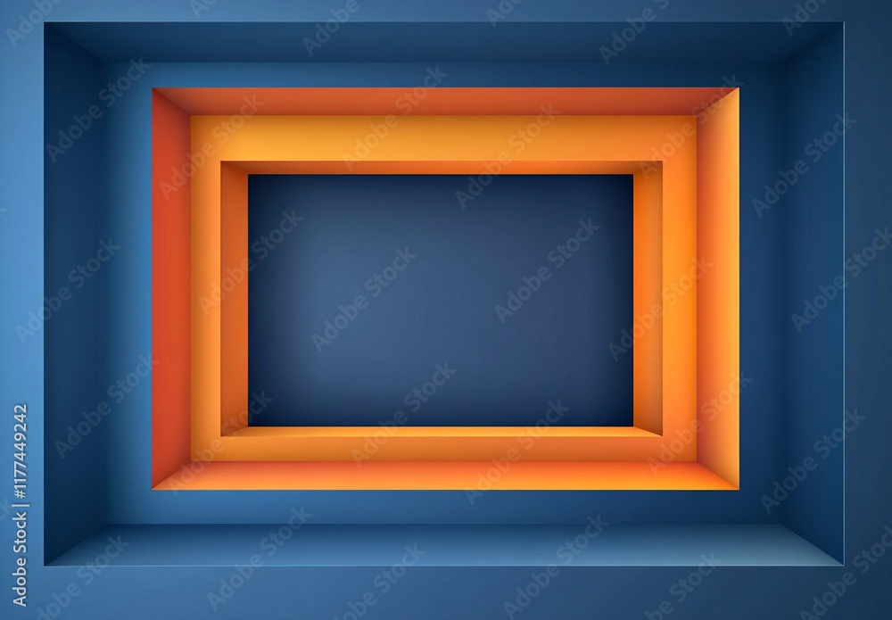 Poster an abstract composition of overlapping blue and orange squares and rectangles, creating a layered, g