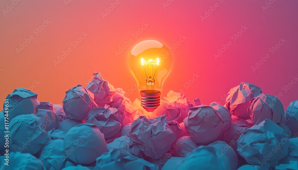 Poster a conceptual scene with a glowing lightbulb breaking through a pile of crumpled paper balls, dynamic