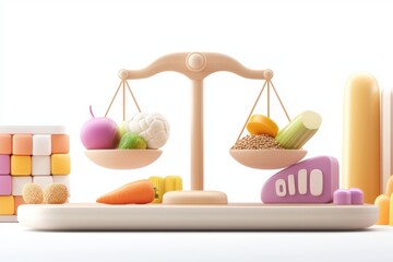 Holistic wellness nutrition approach concept. A colorful balance scale with various fruits and vegetables on either side, symbolizing healthy eating and nutrition for children.