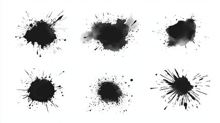 Six Black Ink Splatter Designs on White Background