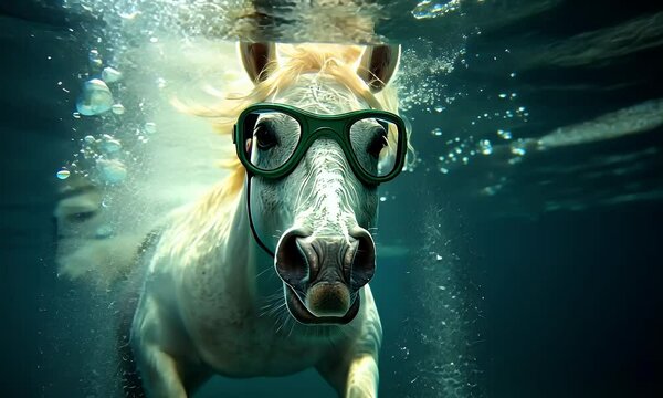 a cute horse wearing diving goggles in a swimming pool is diving