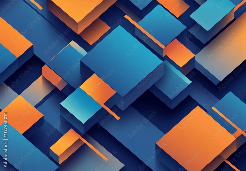 Poster an abstract composition of overlapping blue and orange squares and rectangles, creating a layered, g