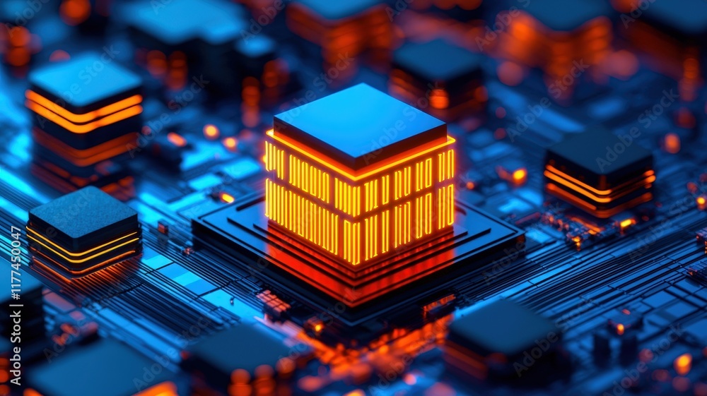 Poster a vibrant close-up of a microchip with glowing elements, showcasing intricate circuitry and technolo