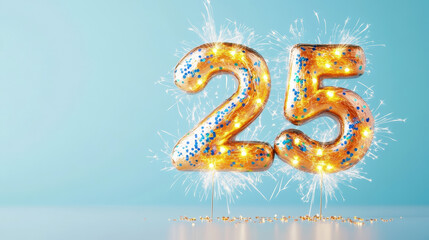 Golden festive number 25 with sparkling effects on a blue background