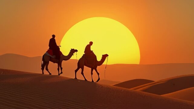 Two men riding camels in the desert at sunset. The sun is setting in the background