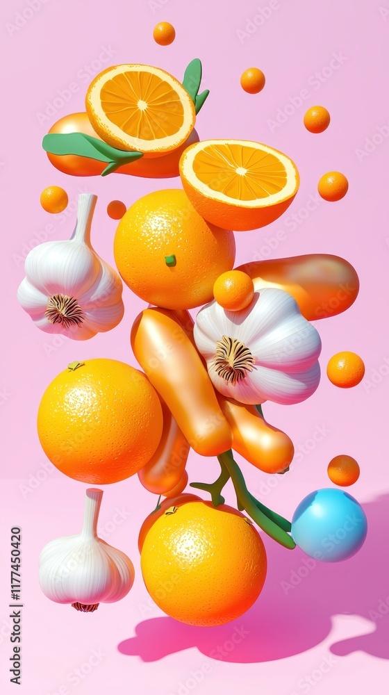 Poster holistic wellness nutrition approach concept. a vibrant composition featuring floating oranges and g
