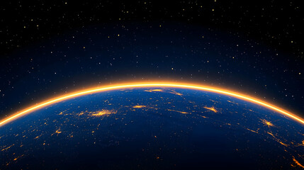 Earthrise sunrise over illuminated city lights, space background; perfect for science, travel, or environmental projects.