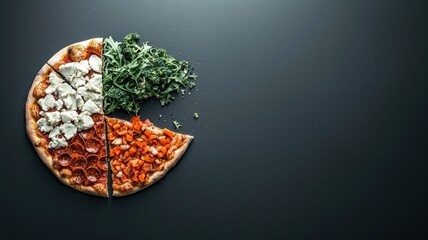 Delicious pizza with various toppings on a dark surface.