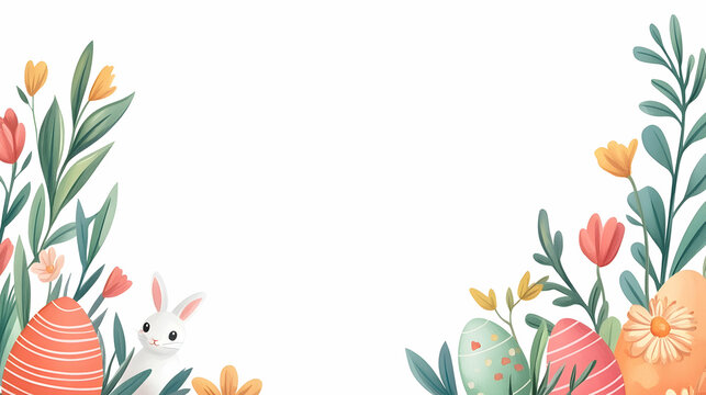 Easter bunny and eggs in spring flowers; greeting card background.
