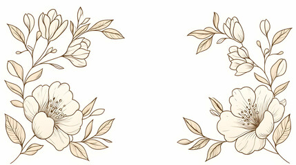 Elegant floral corner design, perfect for invitations or cards, featuring delicate cream blossoms and leaves on a white background.