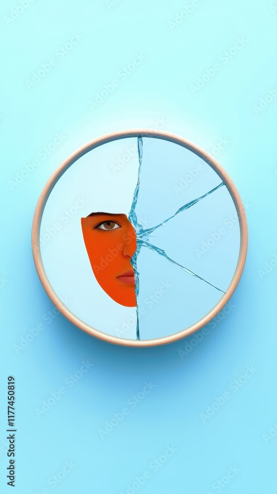 Poster connecting loneliness and solitude concept. an artistic depiction of a broken mirror reflecting a fa