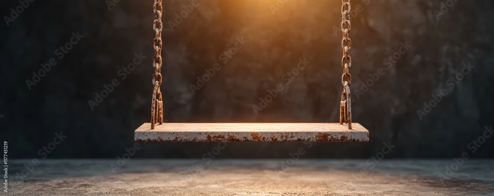 Poster connecting loneliness and solitude concept. a rustic swing hangs in a dimly lit space, illuminated b