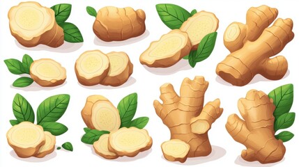 Fresh Ginger Root Collection Whole, Sliced, and with Leaves