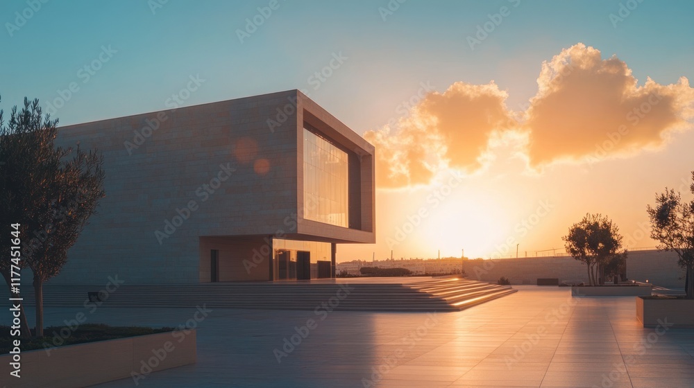 Aufkleber modern architectural structure against a sunset backdrop, showcasing design and tranquility.