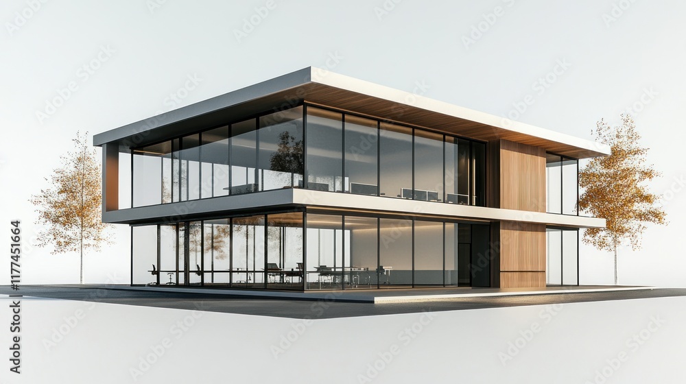 Poster modern architectural design featuring glass and wood elements in a sleek structure.
