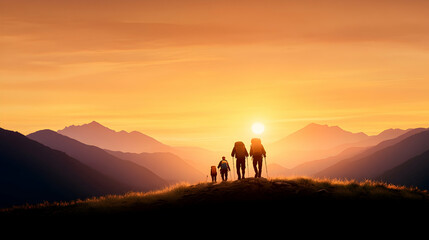 Family hiking mountain sunset adventure travel photography, ideal for travel blogs and tourism websites.
