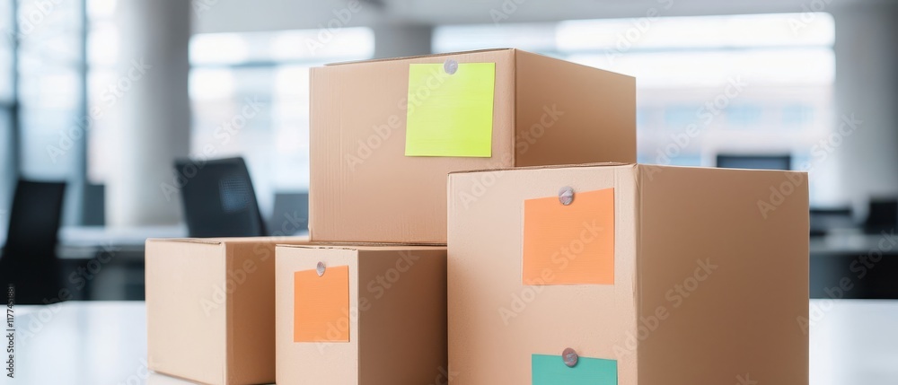Poster moving box and workspace. stacked boxes with colorful labels in a modern office setting.