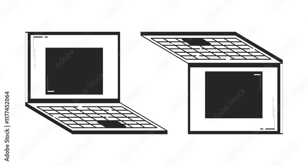 Poster two open laptops placed side by side doodle linear objects set. notebooks with keyboards, touchpads 