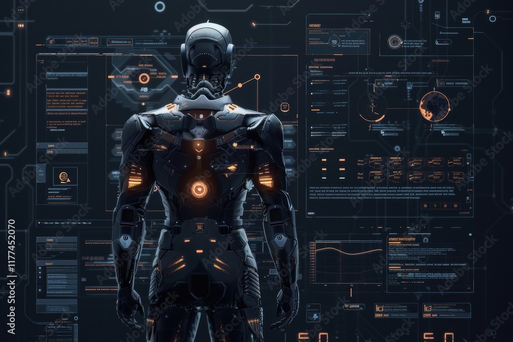 Poster futuristic robot with orange lights standing in front of a digital interface