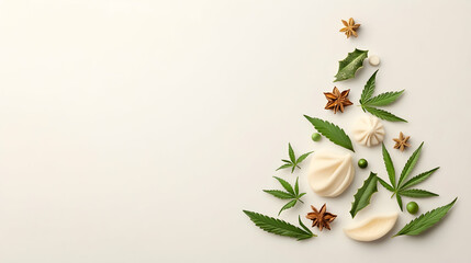 Festive cannabis-themed Christmas tree arrangement, featuring edibles and leaves on a white background; ideal for holiday-themed cannabis product marketing.