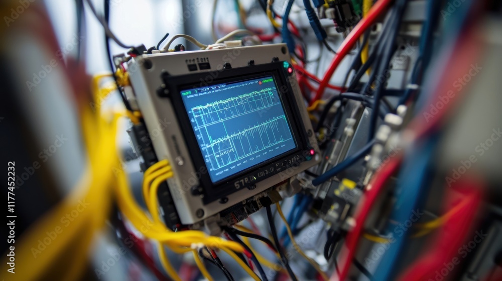 Poster electronic device with a digital display showing oscilloscope readings is connected to a network of 