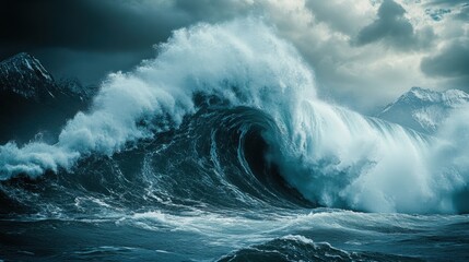 Stormy Seascape with Epic Wave Crashing Against Mountains