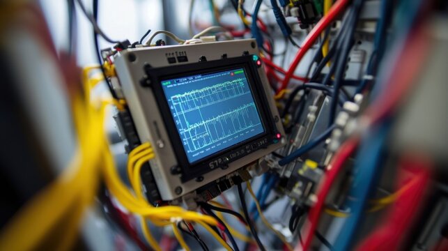 Electronic device with a digital display showing oscilloscope readings is connected to a network of colorful wires, suggesting a complex technological setup or testing environment