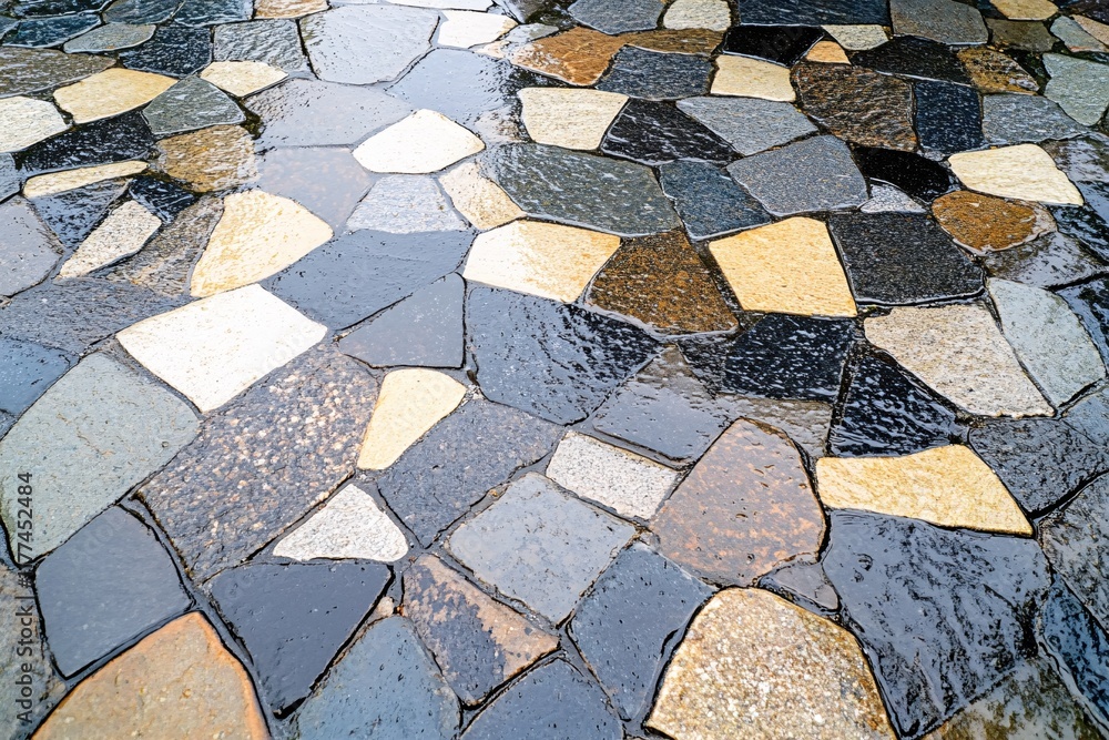 Poster colorful natural stones on wet surface creating an intriguing pattern and texture