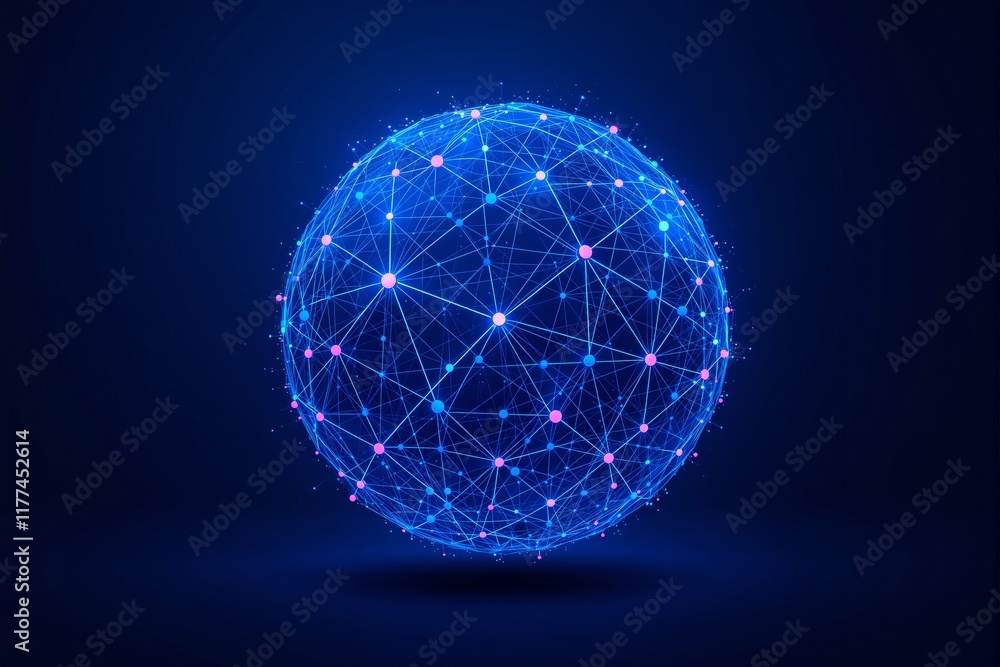 Poster spherical network structure of interconnected glowing nodes, glowing lines on a dark blue background