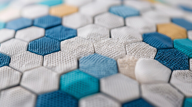 Close-up of a colorful textured hexagon pattern in various shades of blue and white.