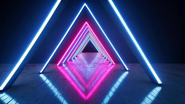 Illuminated corridor with vibrant neon blue and pink lights creates stunning geometric perspective, showcasing modern triangular design that enhances depth and energy.